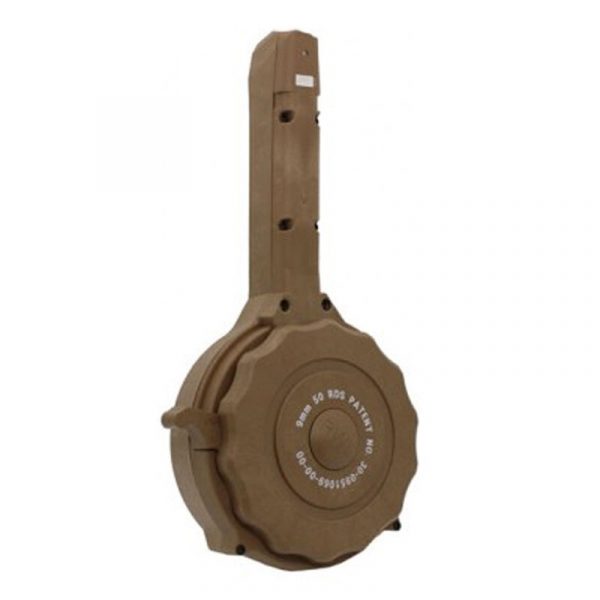 Iver Johnson 50 Round Drum Magazine Fits GLOCK 17/19/26/34 9mm Luger Double Stacked Models Polymer Construction Tan